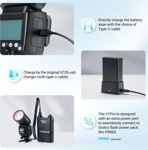Miniatura 4 de Godox V1Pro-C versión USA Flash para Canon, V1Pro-CU Flash de cámara Speedlite con subflash desmontable, batería de carga USB-C, luz de modelado