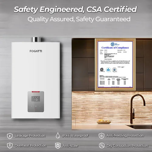 Miniatura 4 de FOGATTI Calentador de agua sin tanque, propano, instalación en interiores de hasta 4.0 GPM, 90,000 BTU calentador de agua instantáneo caliente bajo