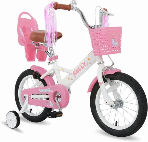 Miniatura 7 de RULLY Bicicleta para niños de 12, 14, 16 pulgadas, para niñas de 2 a 7 años con ruedas de entrenamiento y freno de mano delantero, bicicleta