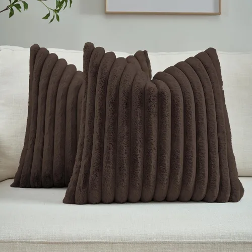 Miniatura 25 de FUTEI - Juego de 2 fundas de almohada decorativas con rayas, cuadradas, para invierno, piel sintética de conejo suave y acogedora y respaldo