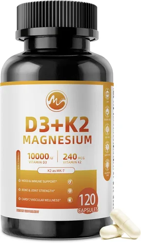M inch Vitamina D3 K2 con magnesio, vitamina D3 10000 UI, vitamina K2 MK-7 240 mcg, suplemento de vitamina K2 D3 6 en 1 con quercetina para hueso,
