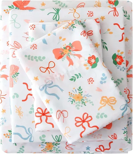 Viviland - Juego de sábanas florales para cama de tamaño matrimonial, 4 piezas con diseño de moño impreso y flores vintage, sábanas suaves y