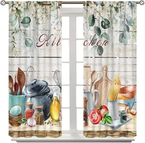 Miniatura 5 de Cortinas de cocina estilo retro, 2 paneles con bolsillo para cortinero, decoración de dormitorio, cocina, cafetería, 42 pulgadas de ancho x 45