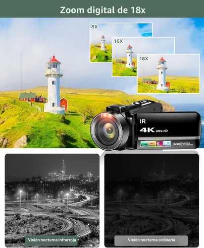 Miniatura 3 de Videocámara 4K 64MP para vlogging, cámara para YouTube, pantalla táctil de 3.0", zoom digital de 18 aumentos, visión nocturna IR con micrófono