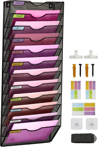 Miniatura 13 de Organizador de archivos de pared de malla con 1 bolsillo, organizador de archivos para colgar en la oficina, revistero, juego de ganchos