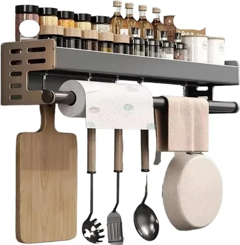 Estante para utensilios de cocina montado en la pared, estante de almacenamiento de especias, estante de almacenamiento colgante con ganchos,