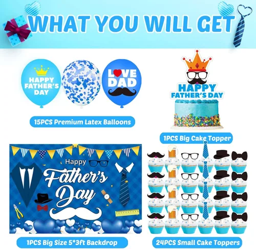 Miniatura 3 de Decoraciones de fiesta del día del padre, juego de suministros para fiesta del día del padre, incluyendo pancarta, remolinos colgantes, globos