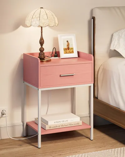 Miniatura 7 de Mesita de noche, mesita de noche moderna de 3 niveles, mesita de noche con cajón de almacenamiento y estante, mesa auxiliar pequeña para dormitorio