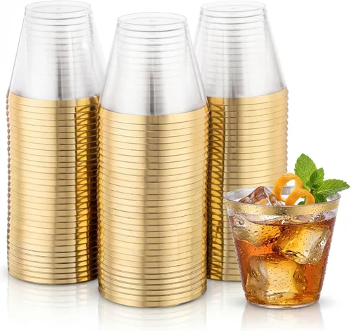 Miniatura 13 de Hioasis 100 vasos de plástico transparente de 9 onzas con ribete dorado, vasos desechables de plástico, resistentes y sin BPA para fiestas, bodas