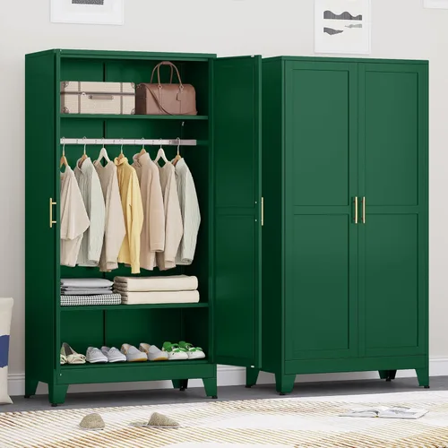 Miniatura 9 de Ckzbx Armario Ropero de Metal de 71" de Alto con Espejo, Estantes Ajustables, Barra para Secar Ropa, Gabinete Ropero de Acero para Dormitorio (Negro)