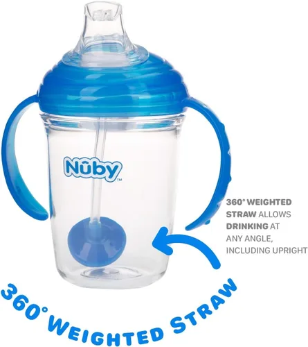 Miniatura 4 de Nuby 360 Grip N' Sip - Vaso Tritan, 8 onzas, popote con peso con cubierta higiénica, color azul