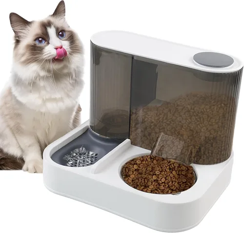 Miniatura 11 de Juego de dispensador automático de comida y agua para gatos, 2 en 1, comedero de gravedad todo en uno con tazón de comida para gatos de acero 【Gris】