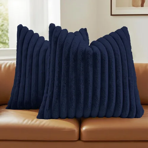 Miniatura 72 de FUTEI - Juego de 2 fundas de almohada decorativas con rayas, cuadradas, para invierno, piel sintética de conejo suave y acogedora y respaldo