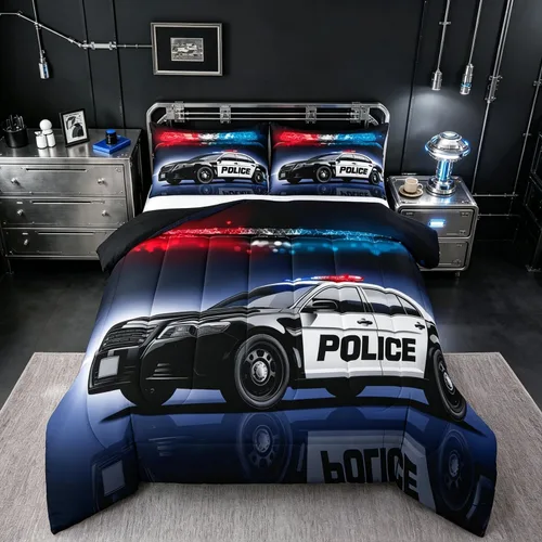 Erosebridal Juego de edredón de coche de policía, tamaño Queen, juego de ropa de cama de vehículo de policía para niños y niños, edredón de plumón