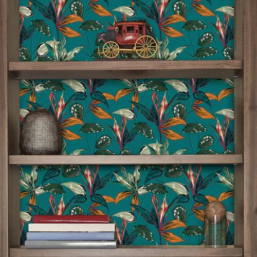 Miniatura 3 de VaryPaper Papel tapiz exótico tropical de 17.7 x 78.7 pulgadas, para pegar y pelar, papel tapiz de hojas azul verde azulado, papel de contacto