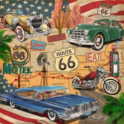 Miniatura 10 de BELECO Telón de fondo de tela de 7 x 5 pies con temática de Ruta 66 con temática de cómic, mapa de ruta retro, motel, motocicleta, autos clásicos