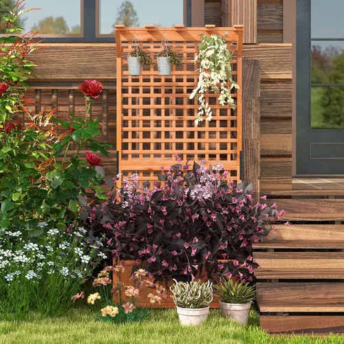 Miniatura 9 de Giantex Cama de jardín elevada con enrejado, contenedor de madera de 60 pulgadas con agujeros de drenaje, enrejado alto para colgar macetas