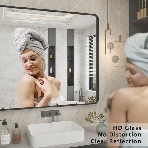 Miniatura 3 de Paquete de 2 espejos de baño con marco de metal negro de 22 x 30 pulgadas, espejo rectangular redondeado negro mate, antioxidante, se cuelga