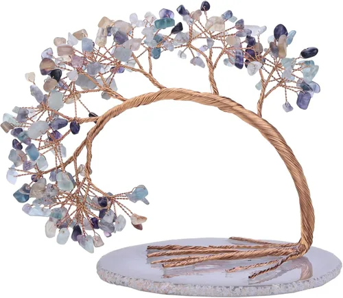 Miniatura 10 de Nupuyai Árbol de dinero de cristal curativo de alambre de cobre de 3-4 pulgadas para la buena suerte, base de rodajas de ágata bonsái, decoración