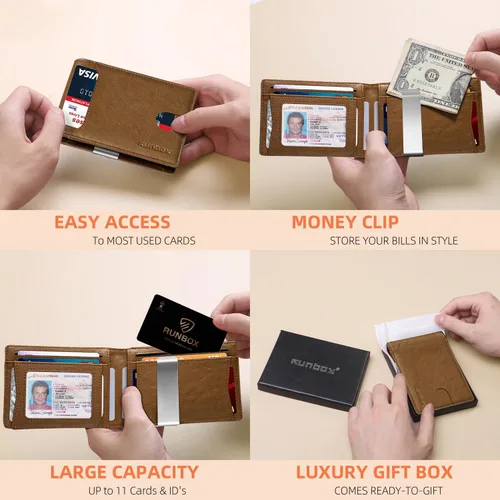 Miniatura 171 de RUNBOX - Carteras delgadas para hombre, cartera de piel con pinza para el dinero, cartera de bolsillo frontal con bloqueo RFID, tarjetero