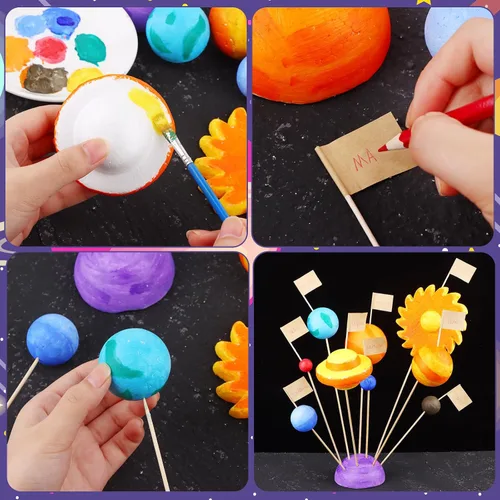 Miniatura 3 de El kit de 60 bolas de espuma de modelo de sistema solar incluye 18 bolas de esferas de poliestireno de tamaño mixto, 18 palos de bambú largos, 18