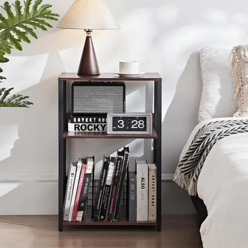 Miniatura 7 de LELELINKY Mesa auxiliar de roble nogal de 18 pulgadas de ancho, soporte para tocadiscos grande de 3 niveles con almacenamiento de hasta 130 álbumes