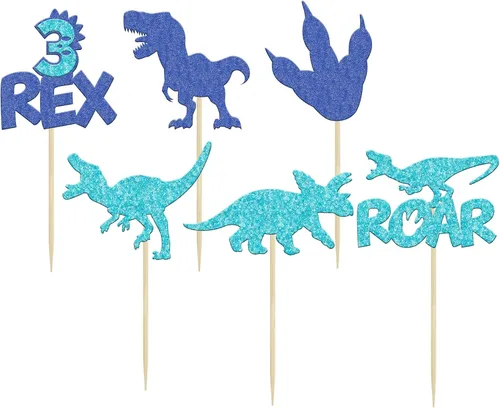 Miniatura 3 de Gyufise 24 piezas de adornos de dinosaurios con purpurina azul 3 Rex Roar Dinosaur Cupcake Picks Three Years Old Dino Theme Baby Shower 3er Birthday
