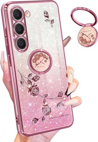 Miniatura 14 de Funda para Samsung Galaxy S22 Ultra con purpurina brillante para mujeres y niñas, cubierta de teléfono morada, diseño floral con anillo de flores