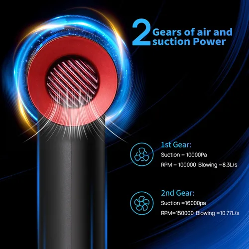Miniatura 8 de Plumero de aire comprimido 2 en 1 y mini aspiradora con 150000 altas rpm, potente motor sin escobillas para escritorio, teclados, laptop, secadora
