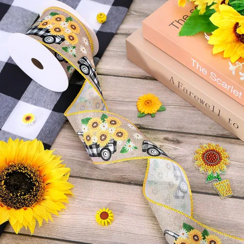 Miniatura 5 de Whaline Cinta vintage con borde de alambre para camión de girasol, para primavera y verano, diseño floral de búfalo a cuadros, cinta de envoltura