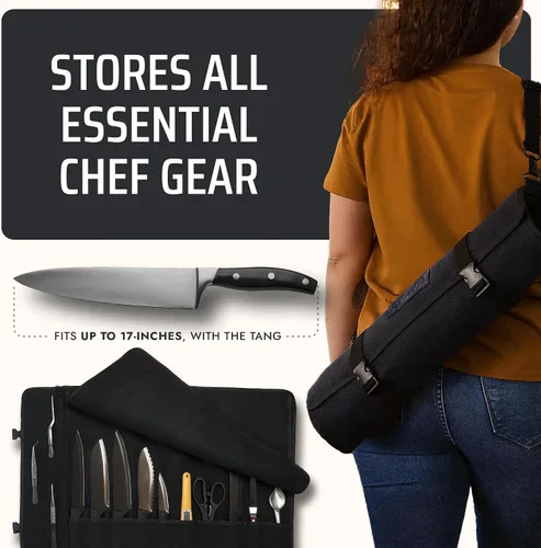 Miniatura 4 de Asaya - Bolsa enrollable de lona para cuchillos de chef - 10 ranuras para cuchillos y un gran bolsillo con cremallera - Funda duradera de lona