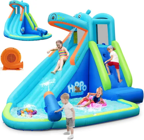 HONEY JOY Tobogán acuático inflable, tema hipopótamo, parque acuático, casa de rebote para patio trasero, pared de escalada y tobogán, toboganes