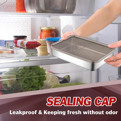 Miniatura 3 de Recipiente de tocino para refrigerador, 2 unidades, recipiente grande de acero inoxidable para nevera, antiadherente, apilable, estilo japonés