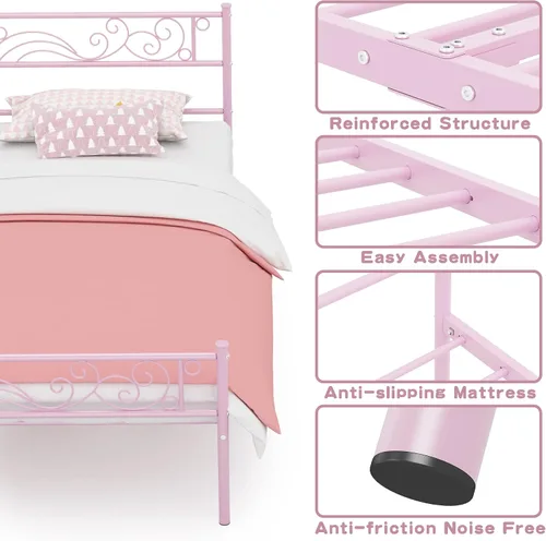 Miniatura 6 de Weehom Marco de cama de metal individual con almacenamiento, no necesita somier, listones de acero resistentes para niños, niñas, adolescentes, Rosa