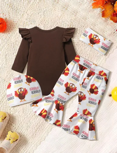 Miniatura 6 de Ropa de bebé niña, 4 piezas, trajes de niña recién nacida, con volantes, mameluco de campana para bebé, diadema, bandana, conjuntos de ropa, regalos