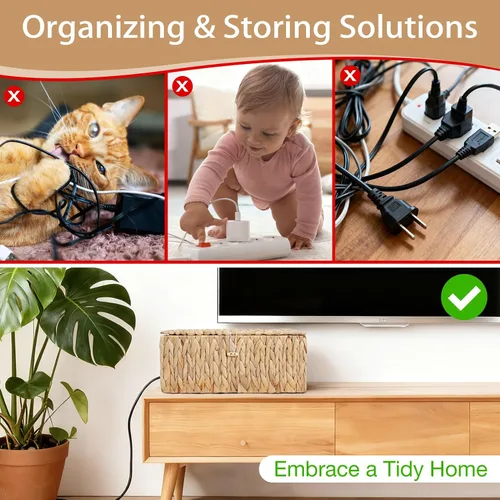 Miniatura 4 de Caja de organización de cables con tapas, organizador de cables de ratán tejido a mano con ranuras abiertas, caja organizadora de escritorio