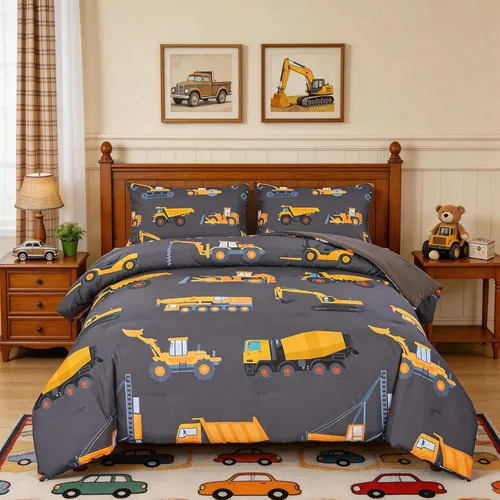 Miniatura 11 de ZRNBAST Juego de ropa de cama individual para niños y niños, beige, con diseño de coches de dibujos animados, excavadora, tractor, juego de edredón