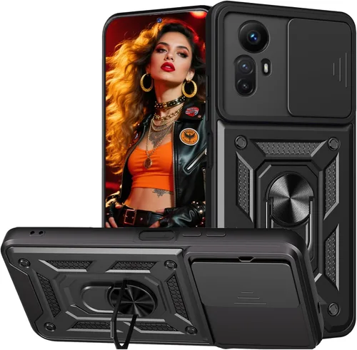 Funda de teléfono celular para Xiaomi Redmi Note 12S, protección resistente con cubierta deslizante para cámara, soporte giratorio de metal de 360°,