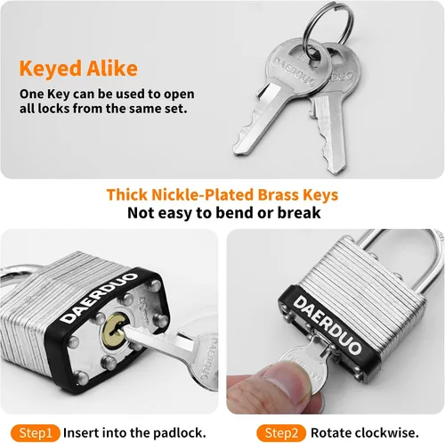 Miniatura 6 de Paquete de 2 candados laminados de 1.575 in (1-9/16") con 4 llaves, grillete corto de acero endurecido, cerraduras resistentes para armarios