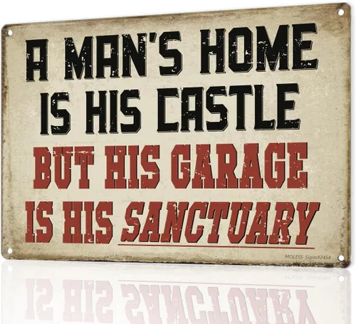 Decoración vintage de garaje – Letrero «His Garage Is His Sanctuary» | Letreros metálicos de 12 x 8 pulgadas para decoración de pared de cueva de