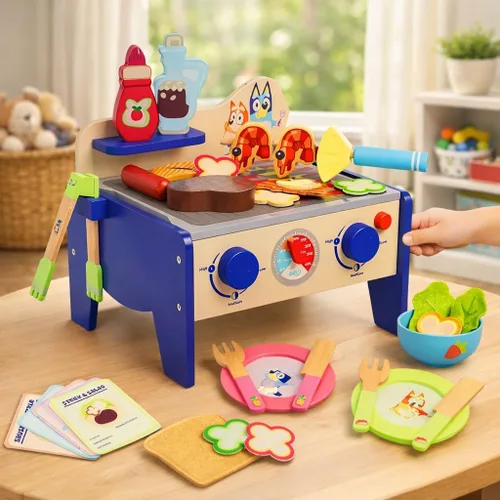Miniatura 7 de Bluey 8th Wonder - Juego de juguetes de madera para ensalada y barbacoa, 33 piezas con pinzas, comida y 6 tarjetas de recetas, juguetes de cocina