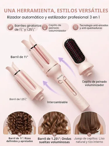 Miniatura 6 de Rizador de pelo automático, juego de rizador automático 3 en 1 y cepillos, barriles giratorios intercambiables de 1 y 1.25 pulgadas, varita
