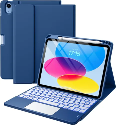 Harvopu Funda compatible con iPad de 11ª y 10ª generación con teclado, funda tipo folio con soporte para lápices, trackpad multitáctil, Azul marino