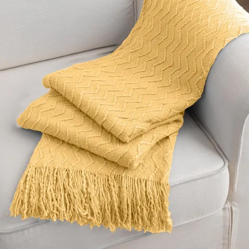 Miniatura 4 de BATTILO HOME Manta amarilla para sofá, manta dorada suave con textura, manta decorativa de punto mostaza para sofá, cama y sala de estar, 50 x 60