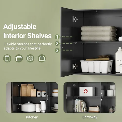 Miniatura 4 de SoBuy Armario de pared para lavandería, botiquín para baño, cocina, garaje, armario de almacenamiento de pared de 3 puertas con estante ajustable