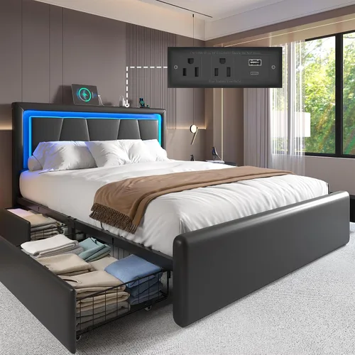 LoVinson Base de cama tamaño completo con 4 cajones de almacenamiento, camas de plataforma de metal con cabecera ajustable, estación de carga Negro