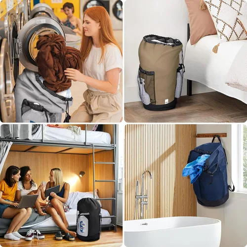 Miniatura 7 de BALEINE Mochila Bolsa de Lavandería de 120L, Tela Oxford 900D Bolsas Grandes de Lavandería de Viaje con Correas para el Hombro y 2 Bolsillos de Negro