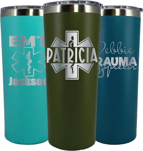 AVITO Vaso EMT personalizado de 22 onzas, acero inoxidable, incluye popote y tapa, grabado con láser, regalo personalizado para EMT, regalos EMT,