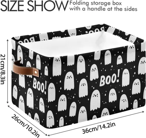 Miniatura 4 de Cesta de almacenamiento de fantasmas blanco y negro para estantes, elegante organizador de lona con asas de cuero, forro impermeable y marco rígido