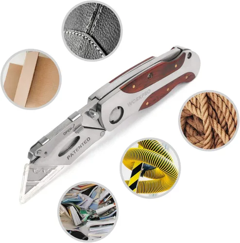 Miniatura 6 de WORKPRO - Cuchillo de uso de cambio rápido, mango de madera estilo retro, cuchillo plegable con clip